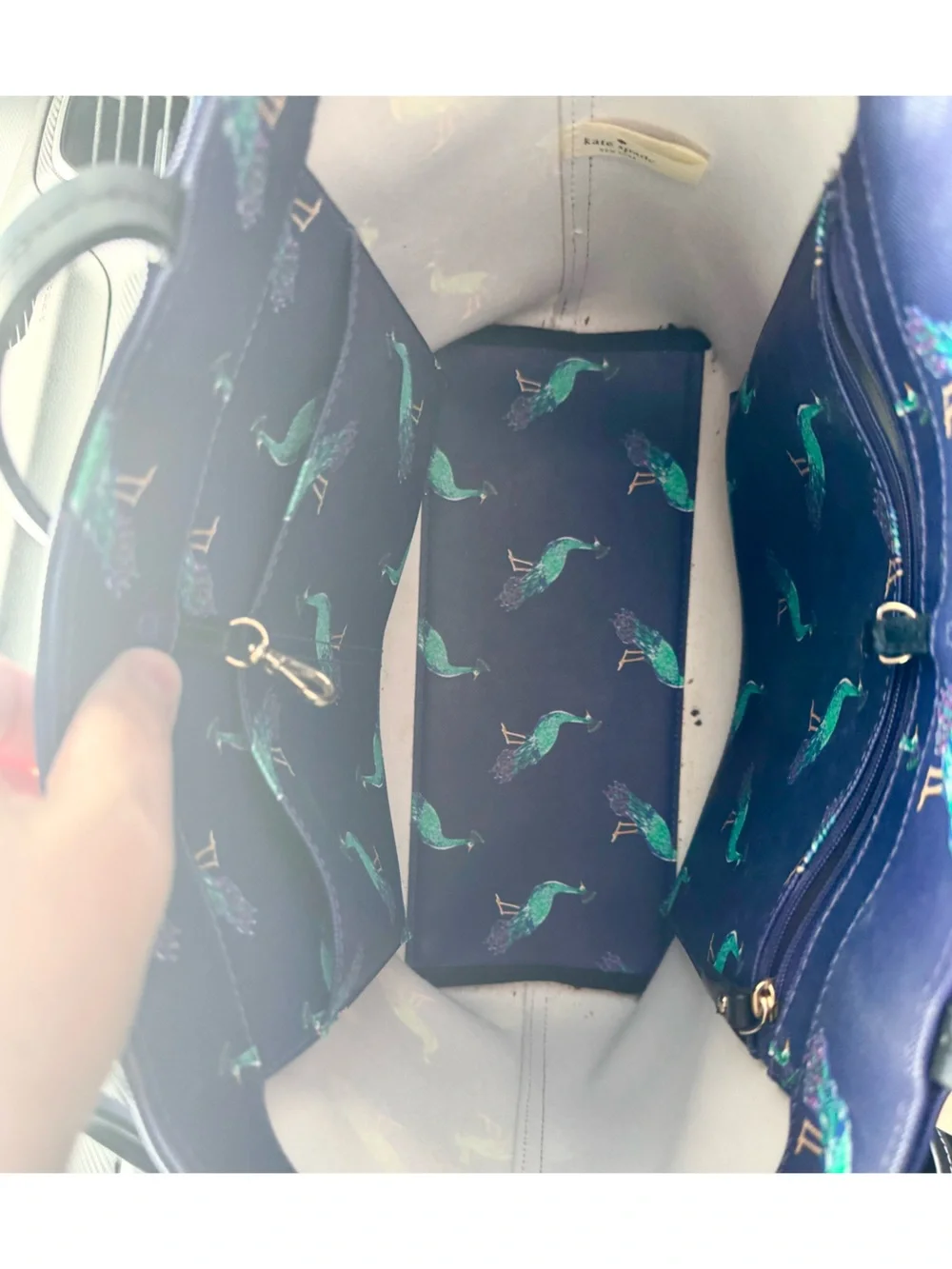 Kate Spade Peacock Handbag - Navy Tote with Teal Peacock Print - EUC - Picture 14 of 16